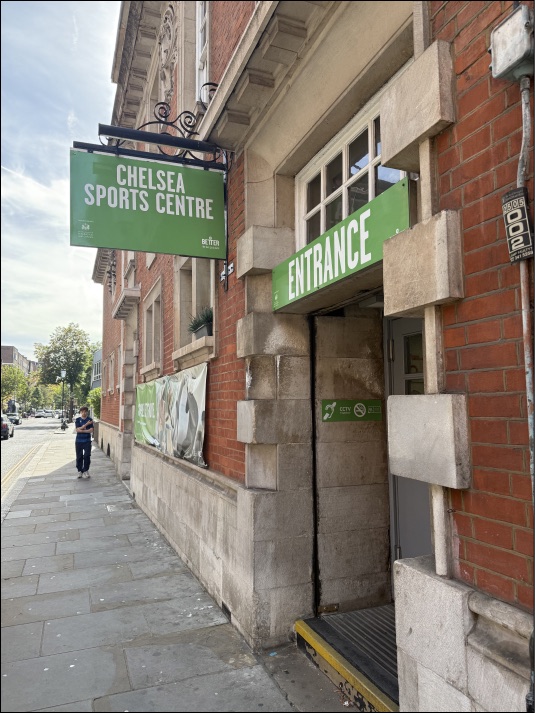 Entrance of Chelsea Sports Centre on Manor Street, with its green signs