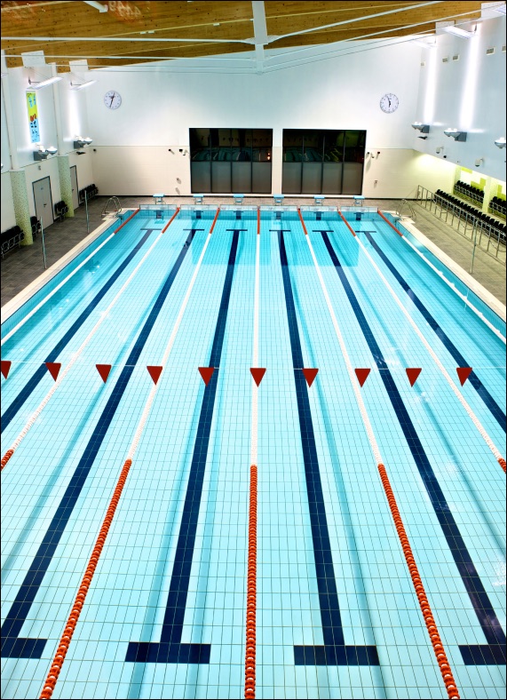 Empty indoor swimming pool with lane lines, seen from the deep end